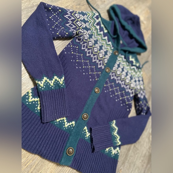 ❄️ Eddie Bauer, Medium, Blue Hooded Knit Button Down Jacket ❄️ - Picture 2 of 6